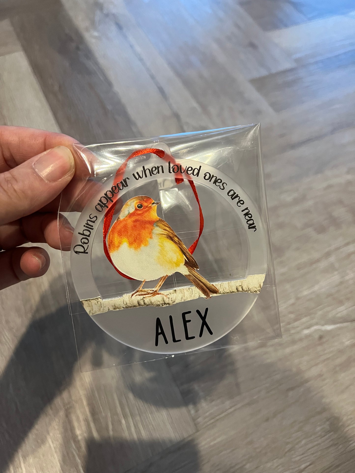 Frosted Acrylic Bauble - Robin. Personalised