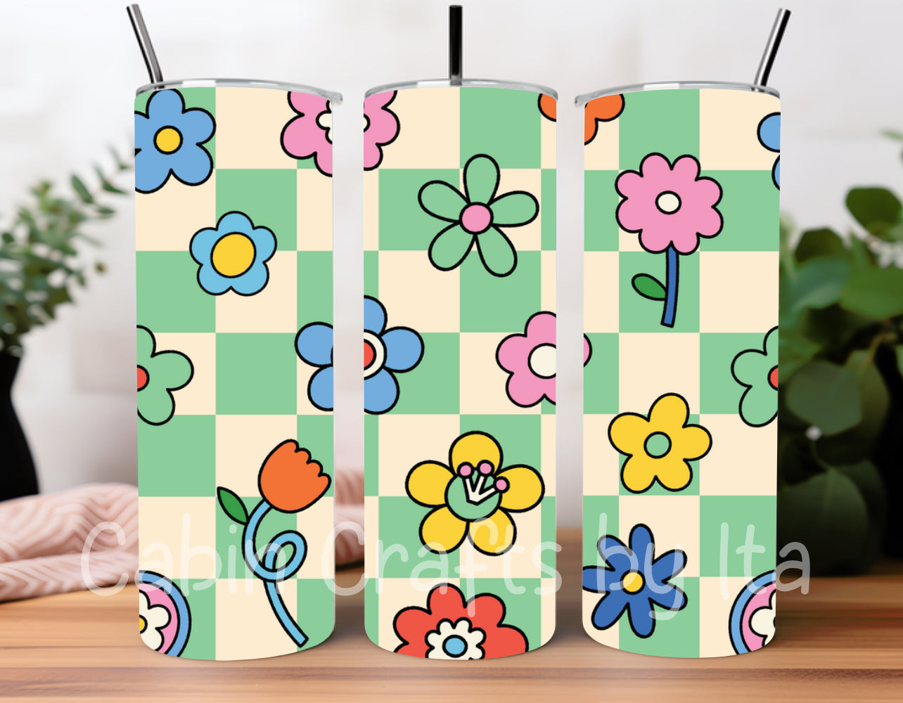 Tumbler - Retro Green Flower