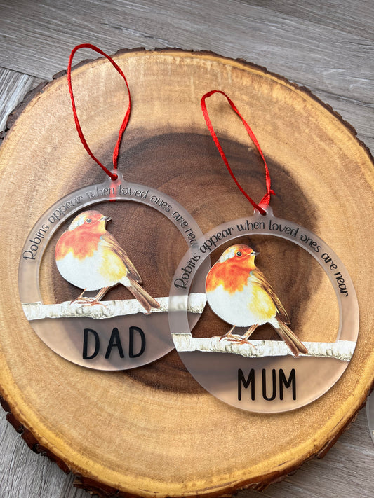 Frosted Acrylic Bauble - Robin.  Personalised