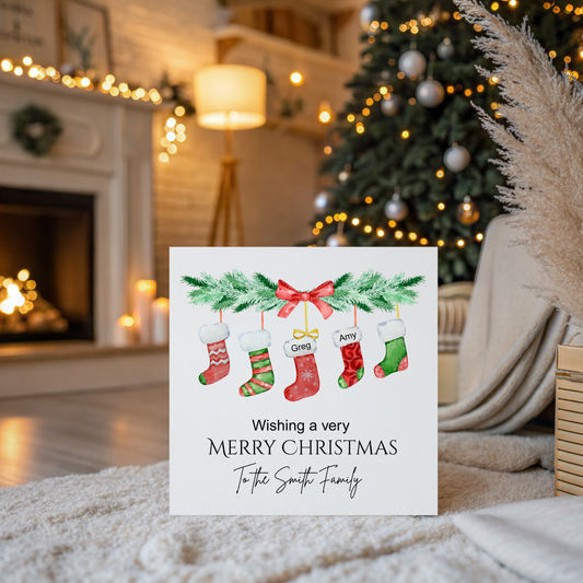 Personalised Family Christmas Card with Envelope.  Stockings