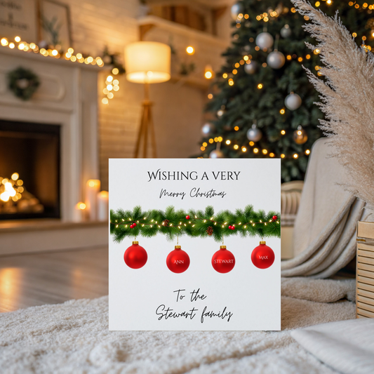 Personalised Family Christmas Card with Envelope.  Baubles