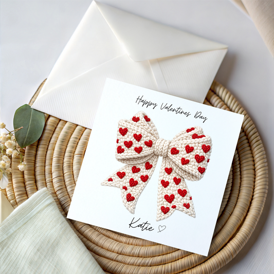 Personalised Valentines Day Cards - Cream and Red Bow