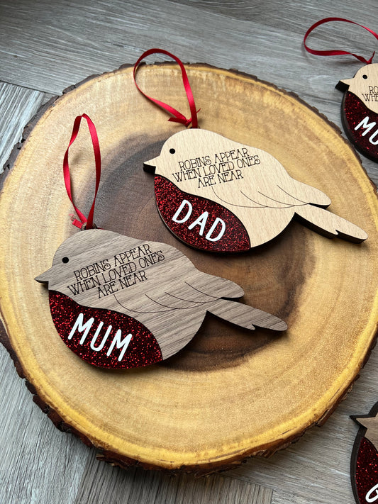Robin Baubles with Red Glitter Belly - Personalised