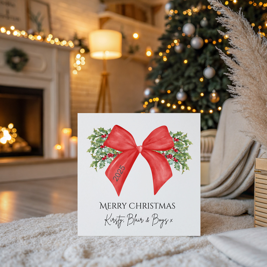 Personalised Family Christmas Card with Envelope. Large Bow